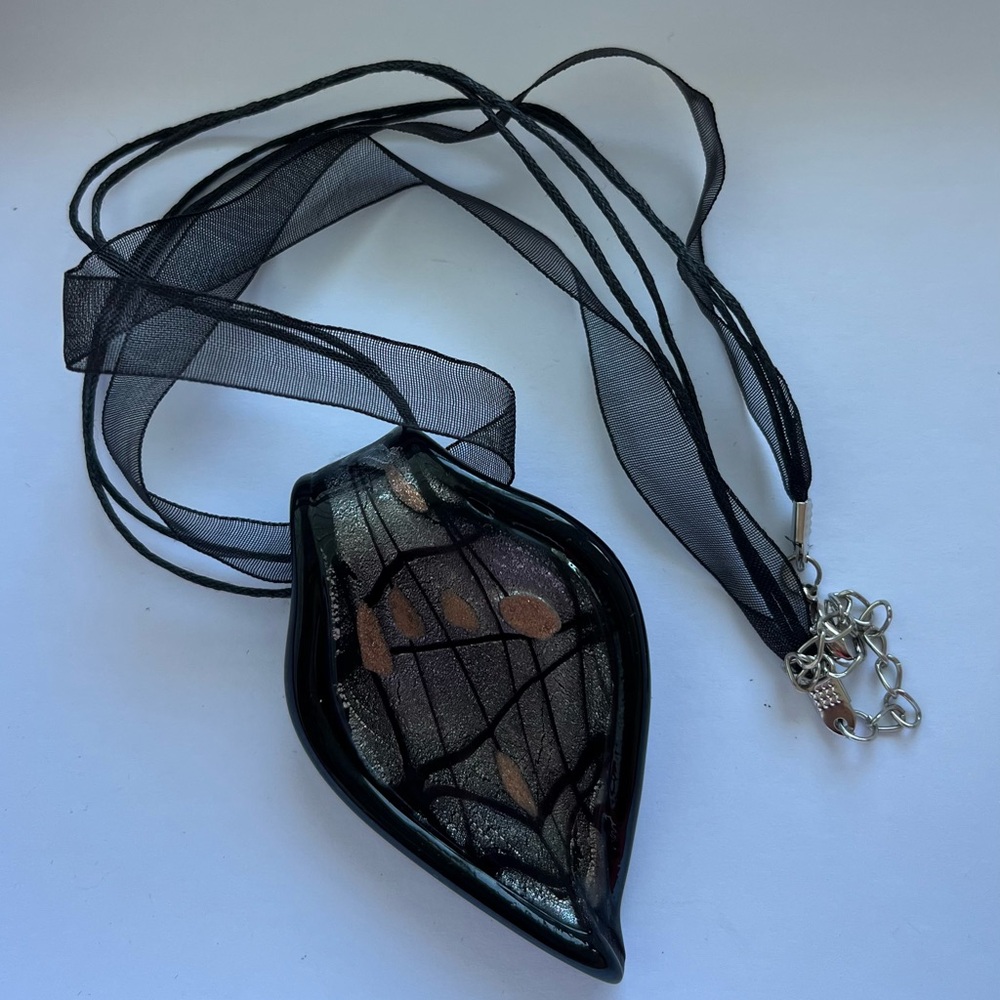 New Glass Black/Silver/Gold Teardrop Pendant w/Black Ribbon & Cord Necklace